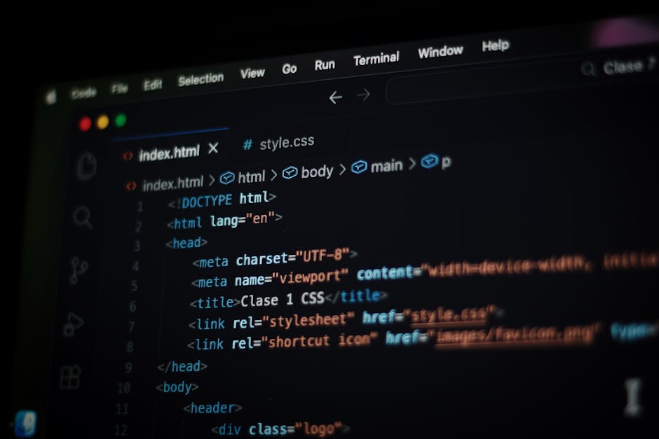 The image shows a computer screen displaying a code editor with HTML and CSS code visible, including tags such as <!DOCTYPE html>, <html>, <head>, <title>, and <link>. The code appears to be related t