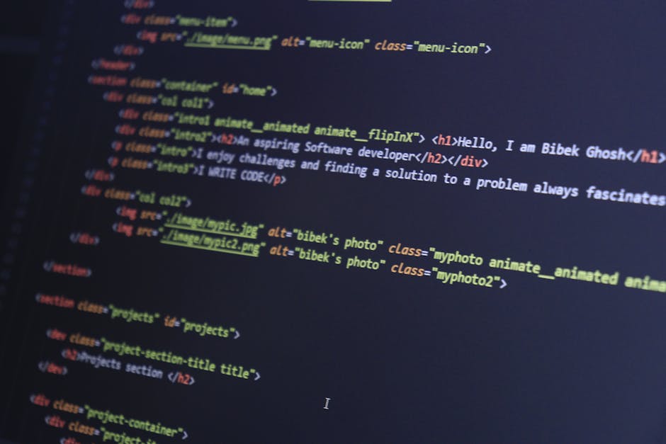 The image shows a computer screen displaying a code editor with HTML and CSS code visible, including tags such as <!DOCTYPE html>, <html>, <head>, <title>, and <link>. The code appears to be related t